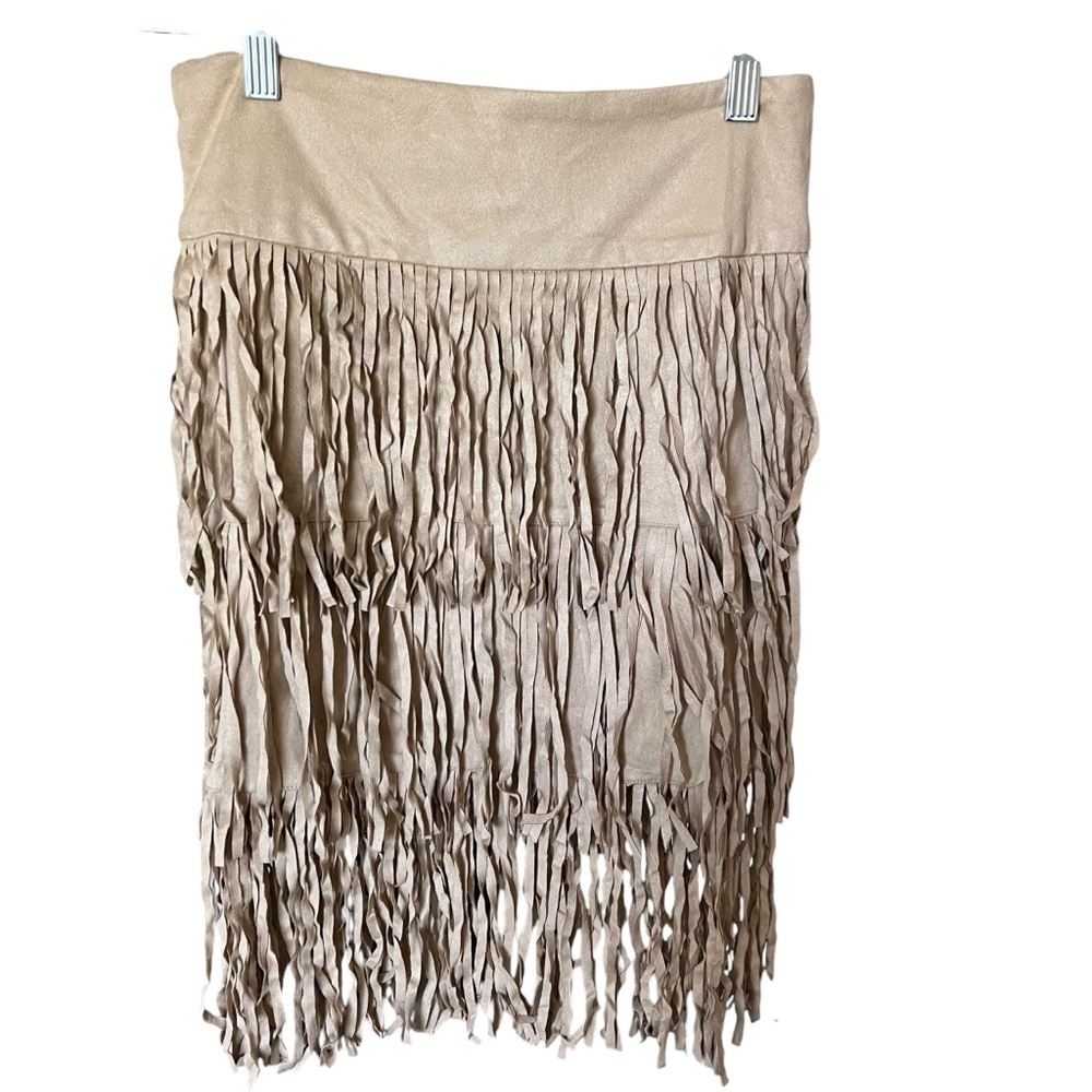 Romeo & Juliet Skirt Sz S Tan Faux Suede Fringe Tiers Mini Side Zipper